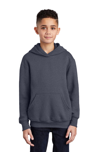 Port & Company PC90YH Youth Core Pill Resistant Fleece Hooded Sweatshirt Hoodie w/ Pouch Pocket Heather Navy Blue Model Front