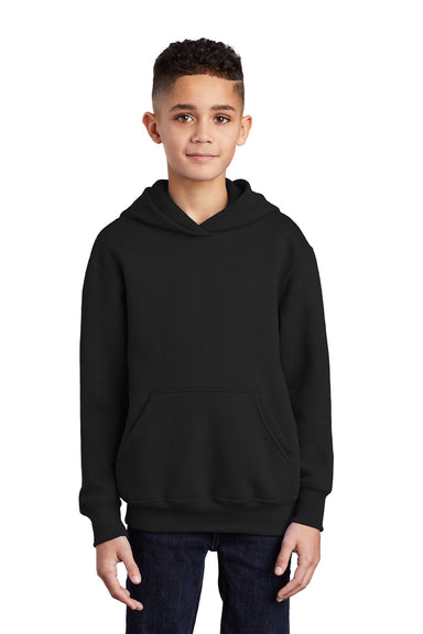 Port & Company PC90YH Youth Core Pill Resistant Fleece Hooded Sweatshirt Hoodie w/ Pouch Pocket Jet Black Model Front