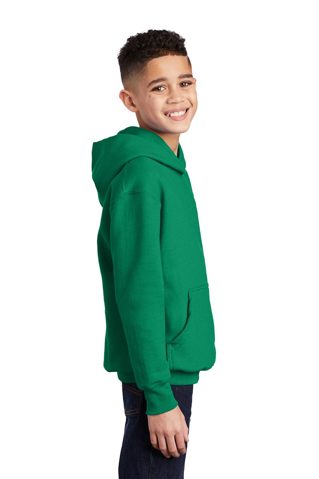 Port & Company PC90YH Youth Core Pill Resistant Fleece Hooded Sweatshirt Hoodie w/ Pouch Pocket Kelly Green Model Side