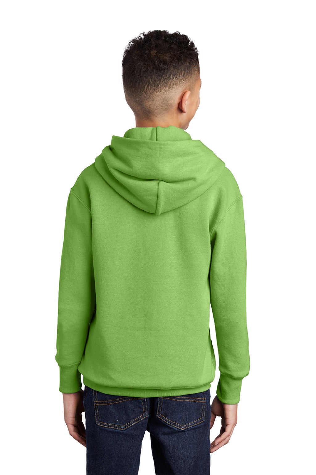 Port & Company PC90YH Youth Core Pill Resistant Fleece Hooded Sweatshirt Hoodie w/ Pouch Pocket Lime Green Model Back