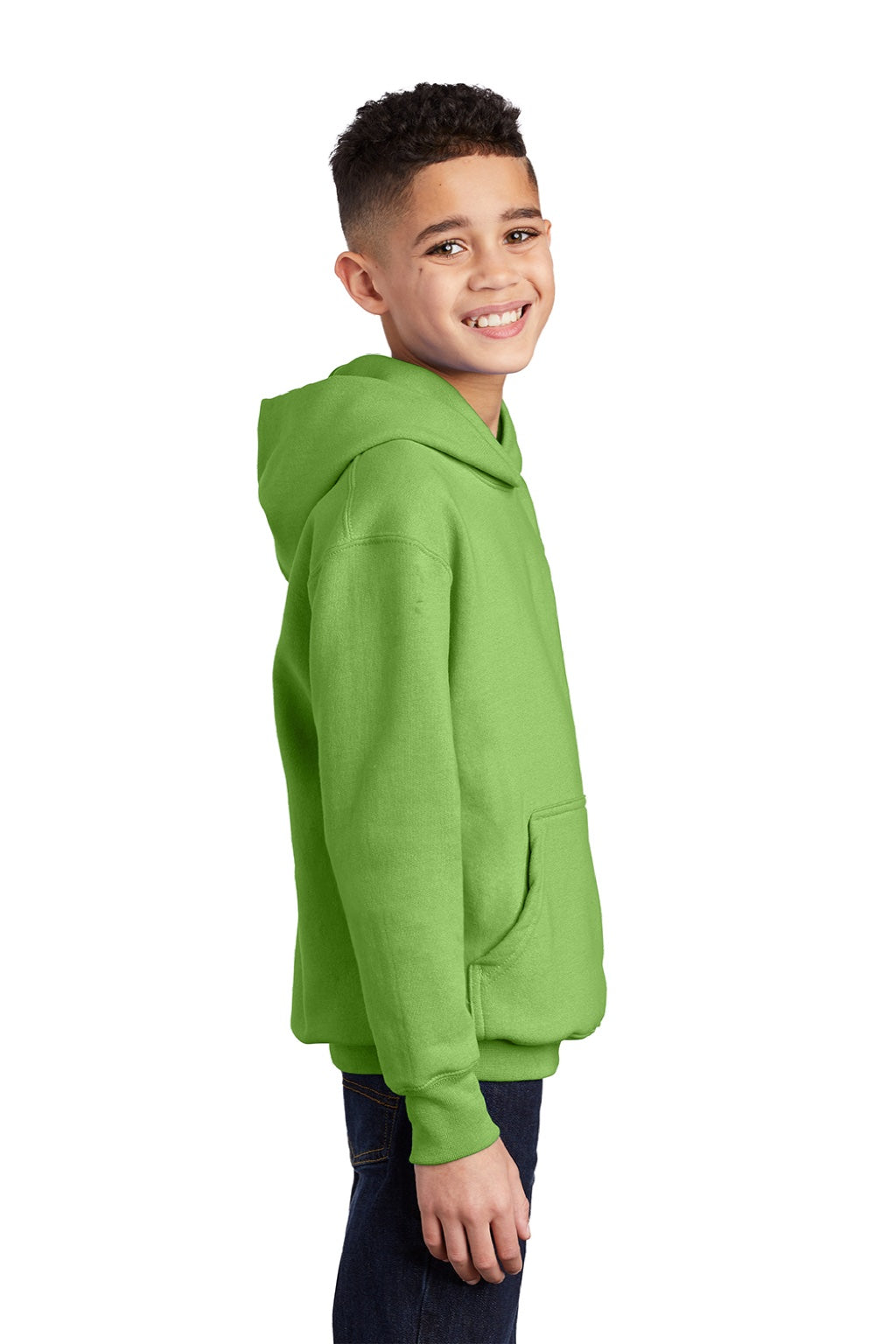 Port & Company PC90YH Youth Core Pill Resistant Fleece Hooded Sweatshirt Hoodie w/ Pouch Pocket Lime Green Model Side