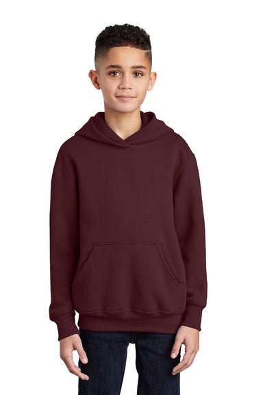 Port & Company PC90YH Youth Core Pill Resistant Fleece Hooded Sweatshirt Hoodie w/ Pouch Pocket Maroon Model Front