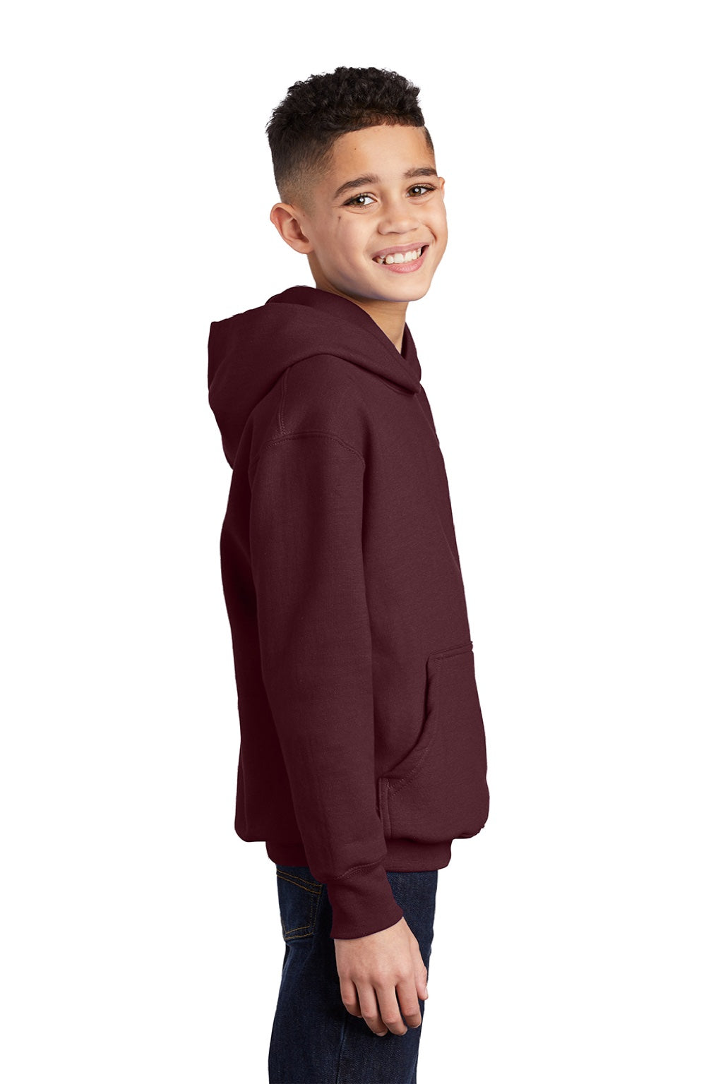 Port & Company PC90YH Youth Core Pill Resistant Fleece Hooded Sweatshirt Hoodie w/ Pouch Pocket Maroon Model Side