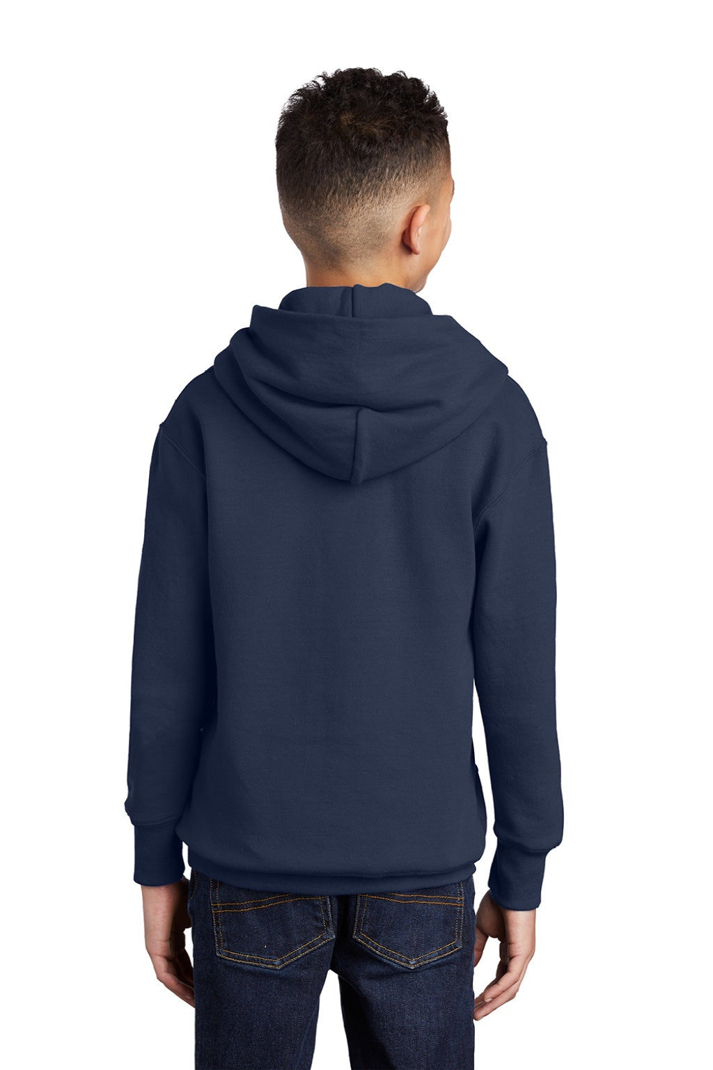 Port & Company PC90YH Youth Core Pill Resistant Fleece Hooded Sweatshirt Hoodie w/ Pouch Pocket Navy Blue Model Back