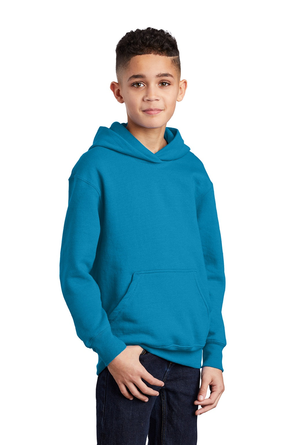 Port & Company PC90YH Youth Core Pill Resistant Fleece Hooded Sweatshirt Hoodie w/ Pouch Pocket Neon Blue Model 3q
