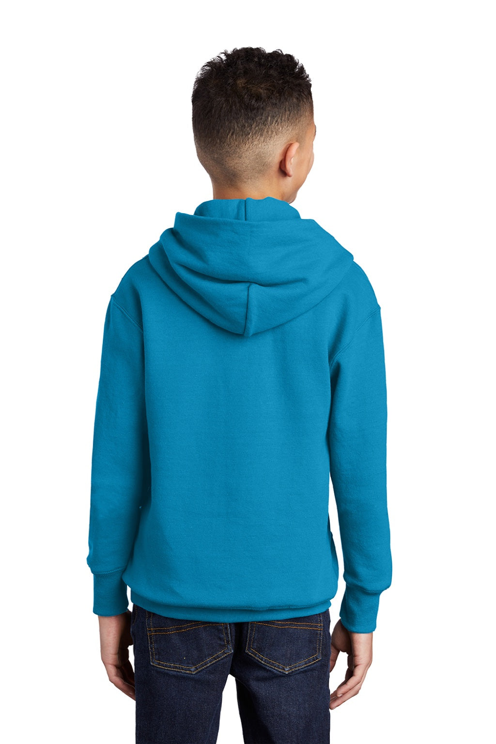 Port & Company PC90YH Youth Core Pill Resistant Fleece Hooded Sweatshirt Hoodie w/ Pouch Pocket Neon Blue Model Back
