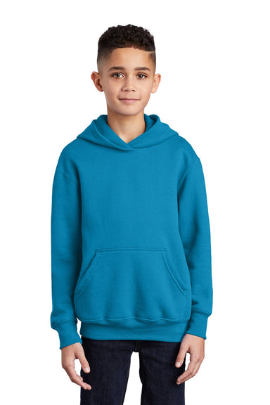 Port & Company PC90YH Youth Core Pill Resistant Fleece Hooded Sweatshirt Hoodie w/ Pouch Pocket Neon Blue Model Front
