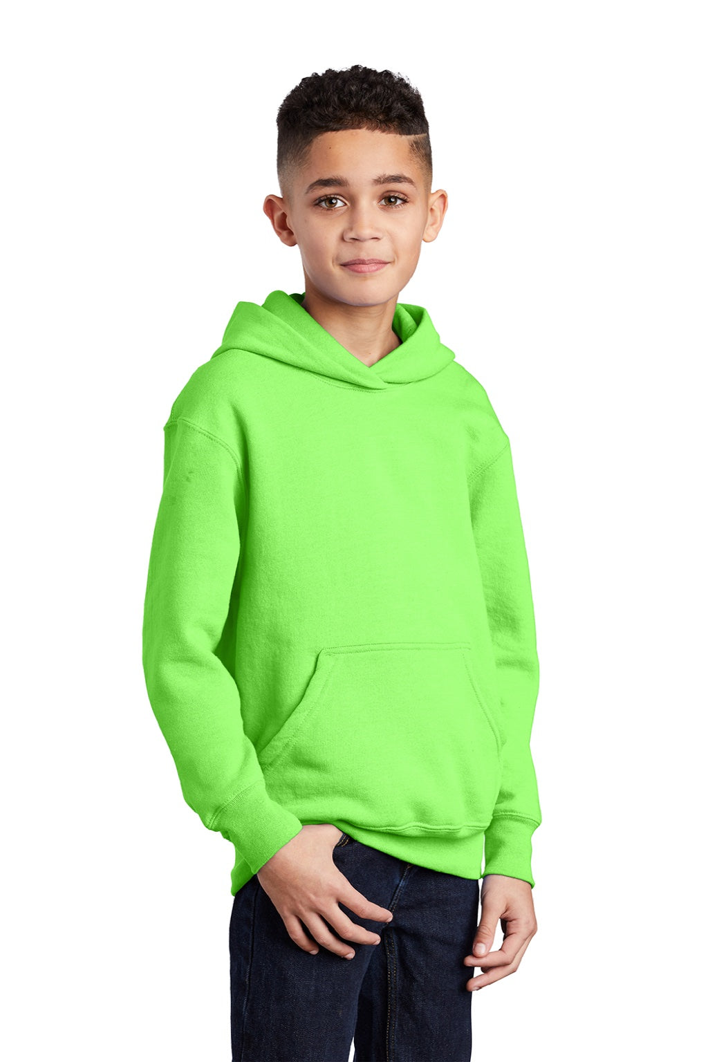 Port & Company PC90YH Youth Core Pill Resistant Fleece Hooded Sweatshirt Hoodie w/ Pouch Pocket Neon Green Model 3q