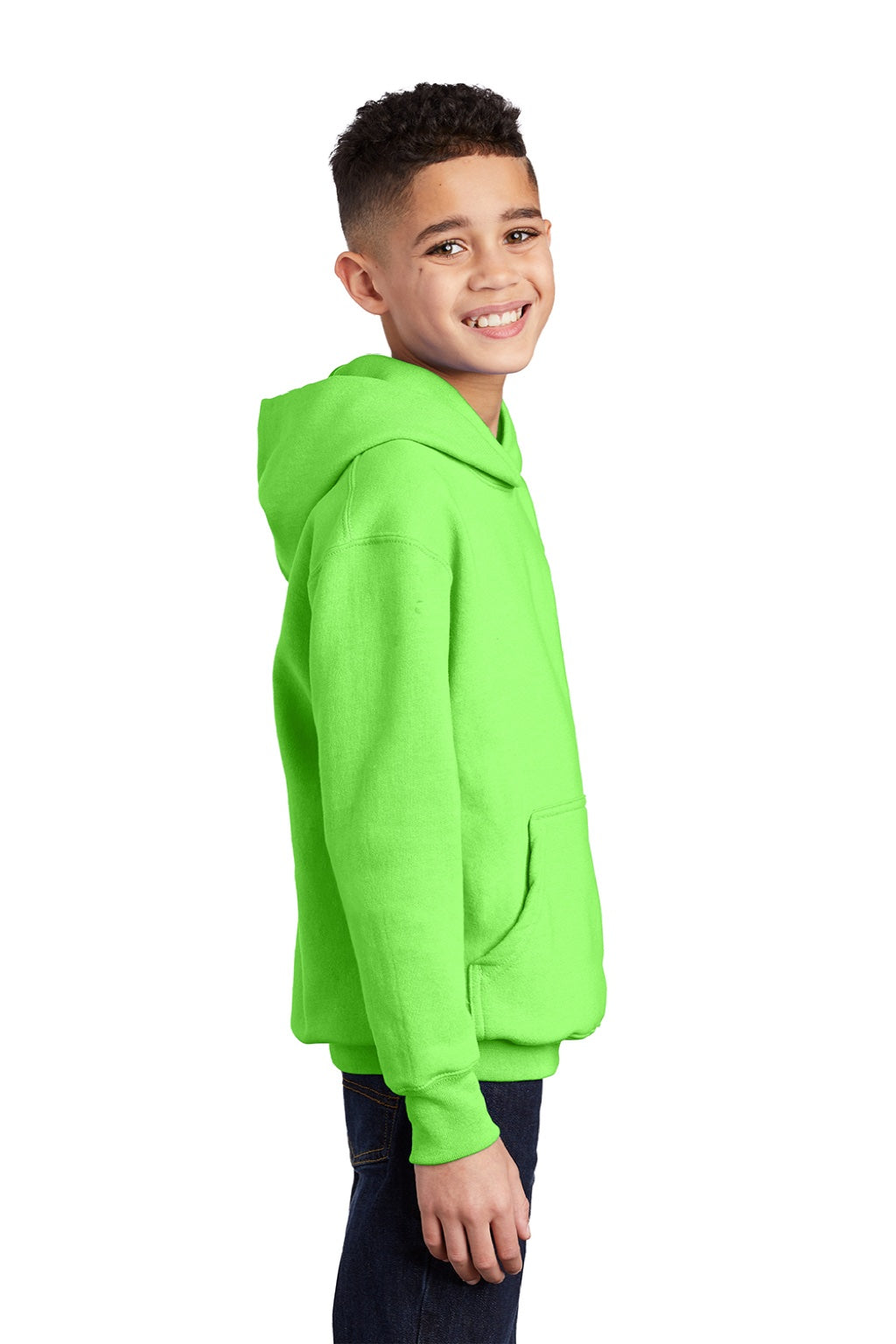 Port & Company PC90YH Youth Core Pill Resistant Fleece Hooded Sweatshirt Hoodie w/ Pouch Pocket Neon Green Model Side