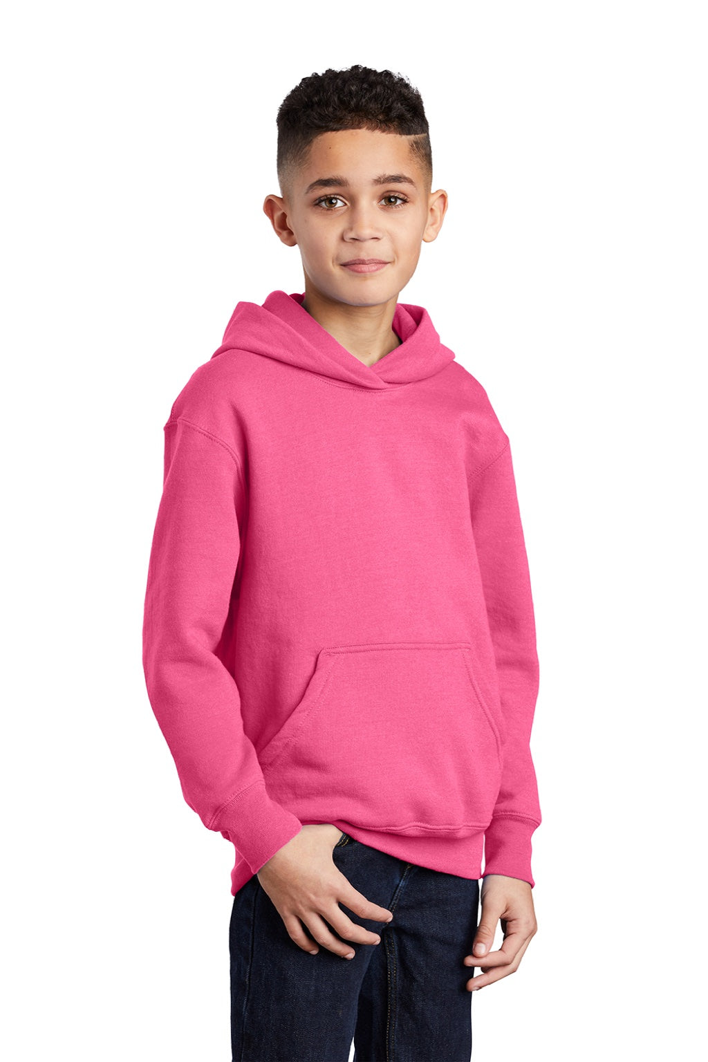 Port & Company PC90YH Youth Core Pill Resistant Fleece Hooded Sweatshirt Hoodie w/ Pouch Pocket Neon Pink Model 3q