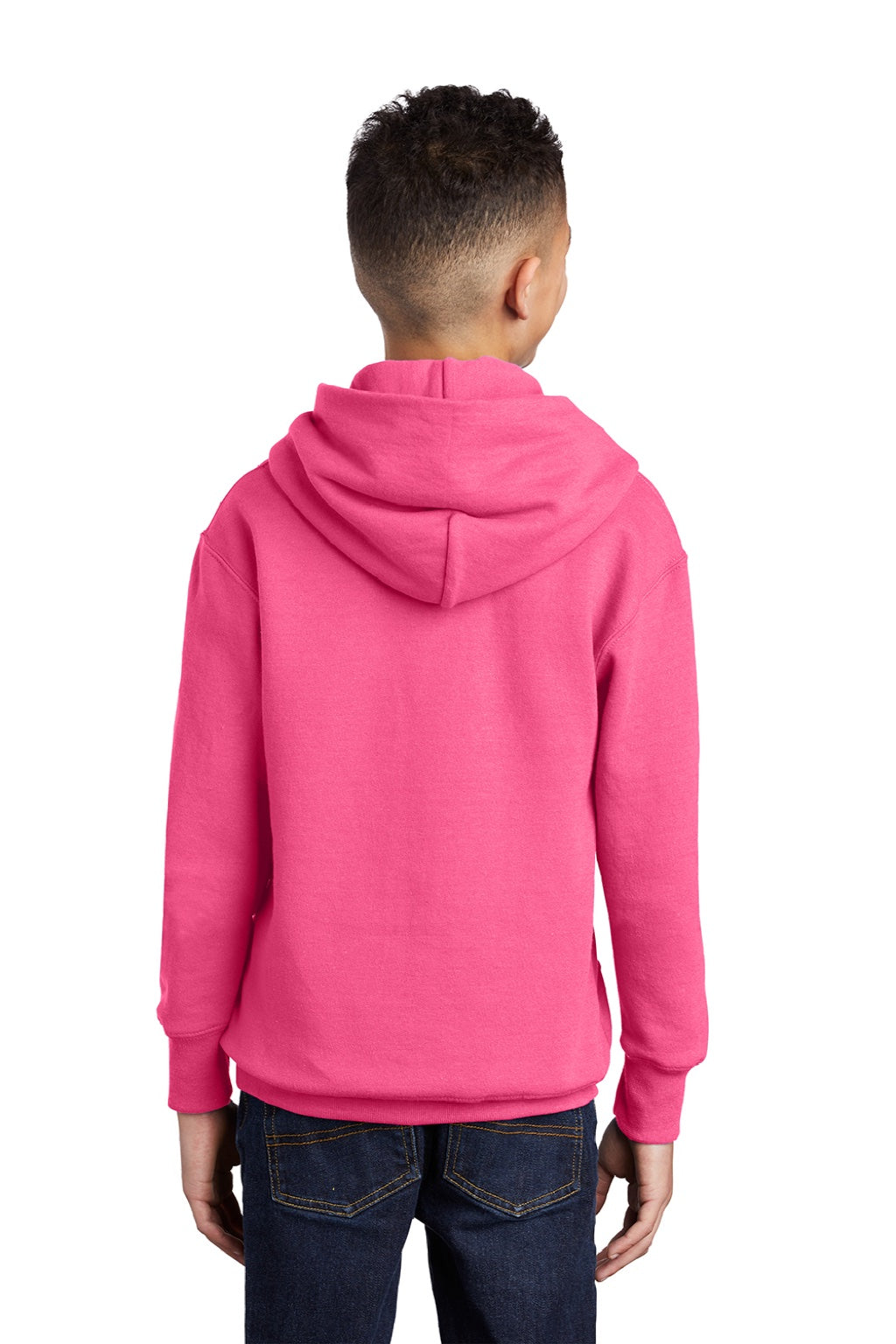 Port & Company PC90YH Youth Core Pill Resistant Fleece Hooded Sweatshirt Hoodie w/ Pouch Pocket Neon Pink Model Back