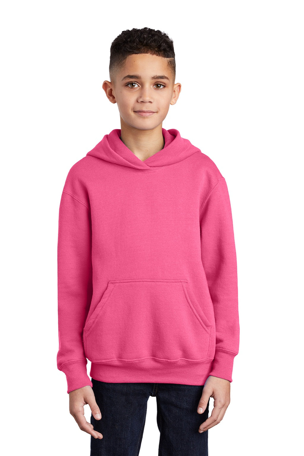 Port & Company PC90YH Youth Core Pill Resistant Fleece Hooded Sweatshirt Hoodie w/ Pouch Pocket Neon Pink Model Front