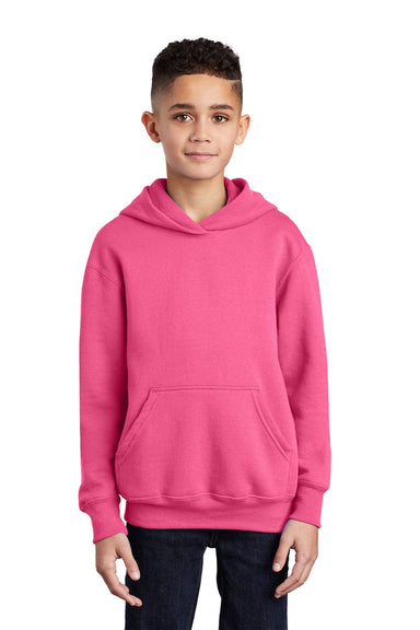 Port & Company PC90YH Youth Core Pill Resistant Fleece Hooded Sweatshirt Hoodie w/ Pouch Pocket Neon Pink Model Front