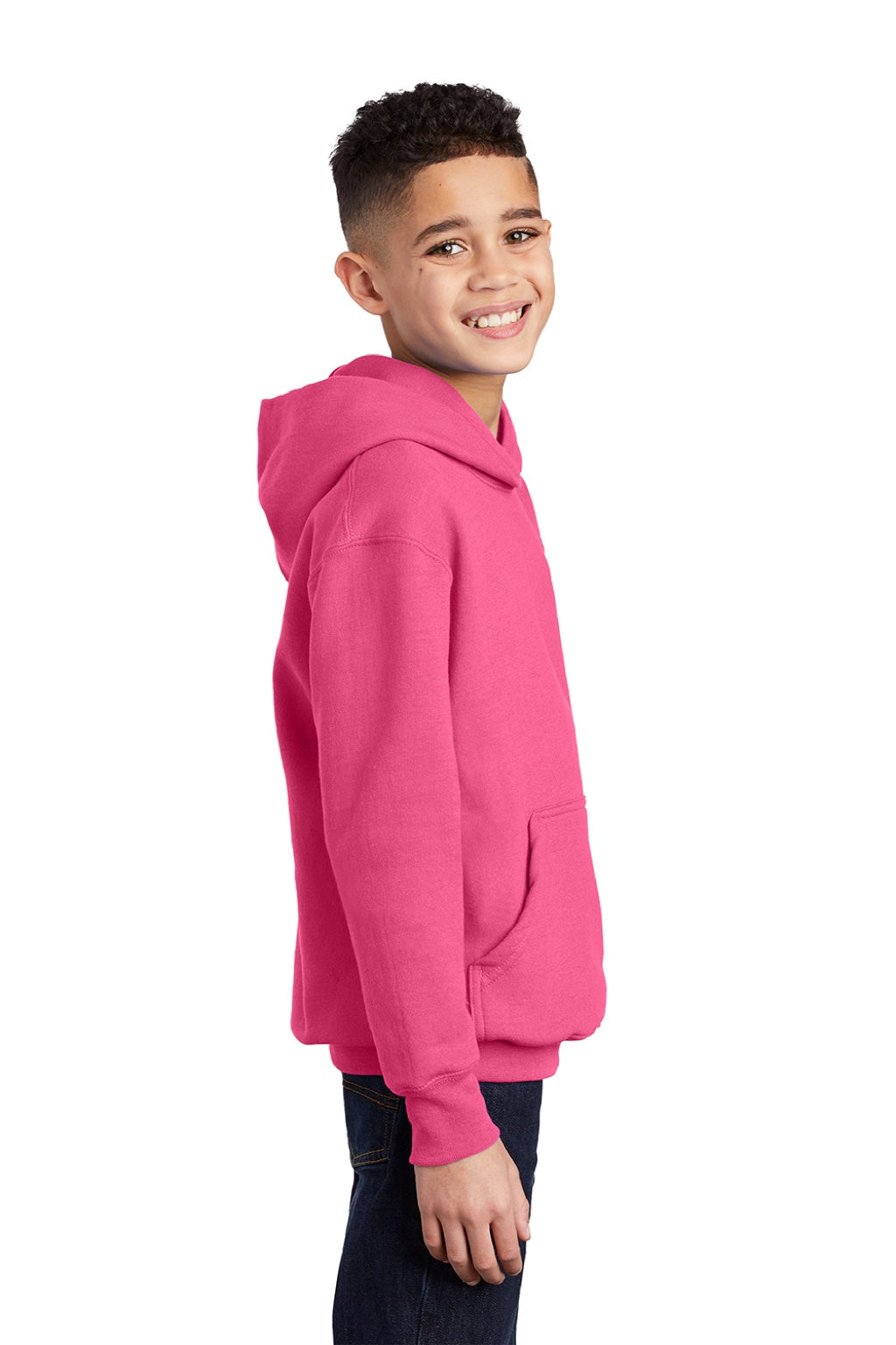 Port & Company PC90YH Youth Core Pill Resistant Fleece Hooded Sweatshirt Hoodie w/ Pouch Pocket Neon Pink Model Side
