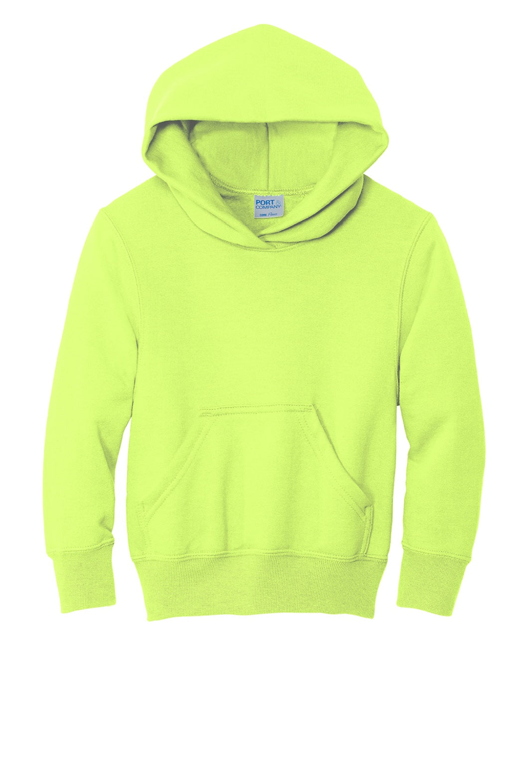 Port & Company PC90YH Youth Core Pill Resistant Fleece Hooded Sweatshirt Hoodie w/ Pouch Pocket Neon Yellow Flat Front