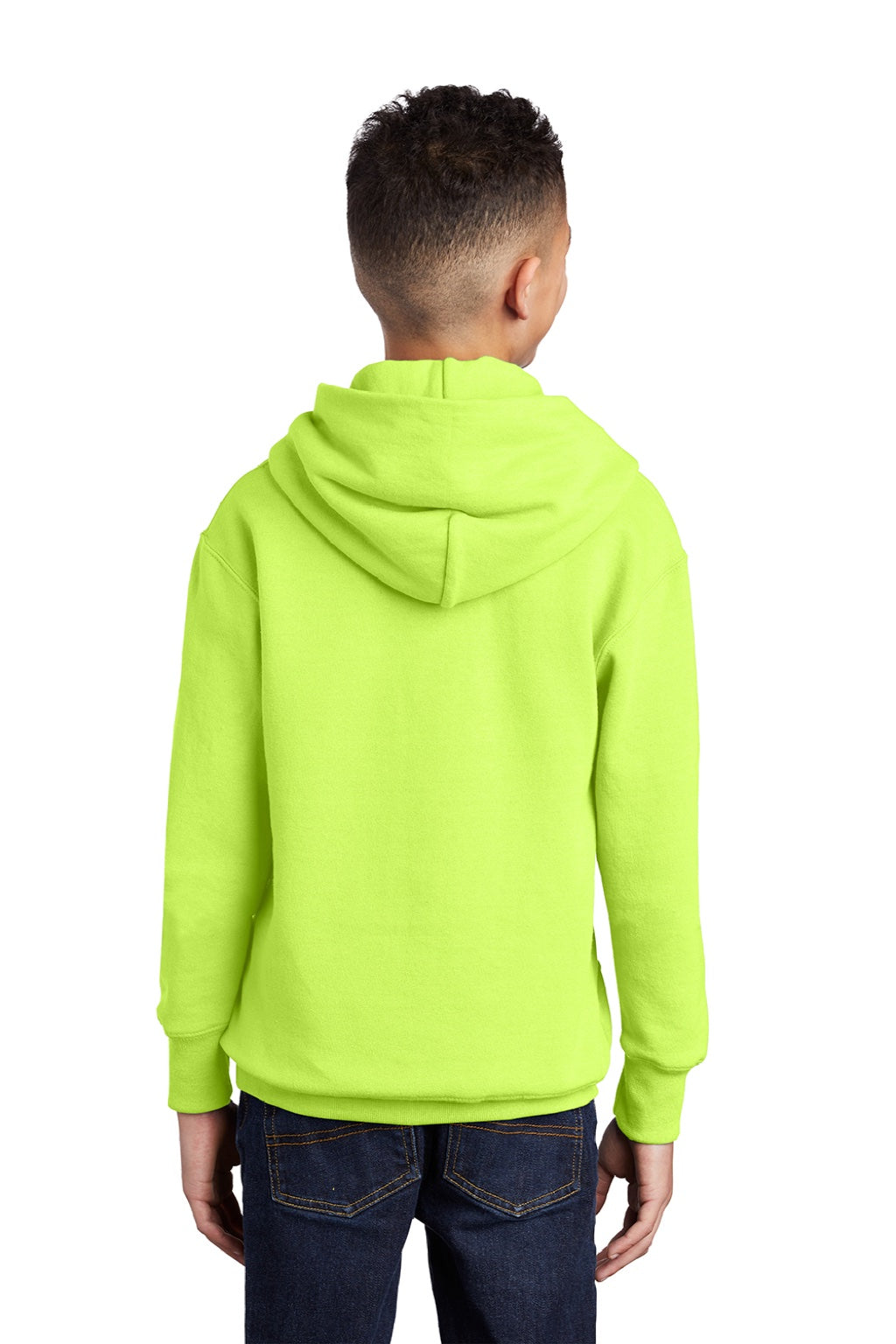 Port & Company PC90YH Youth Core Pill Resistant Fleece Hooded Sweatshirt Hoodie w/ Pouch Pocket Neon Yellow Model Back
