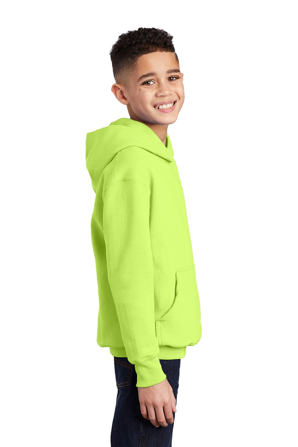 Port & Company PC90YH Youth Core Pill Resistant Fleece Hooded Sweatshirt Hoodie w/ Pouch Pocket Neon Yellow Model Side