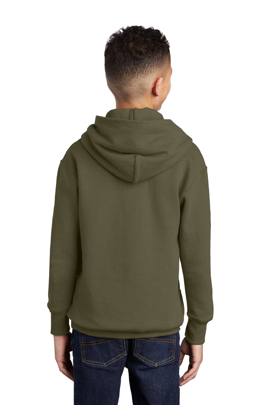 Port & Company PC90YH Youth Core Pill Resistant Fleece Hooded Sweatshirt Hoodie w/ Pouch Pocket Olive Drab Green Model Back
