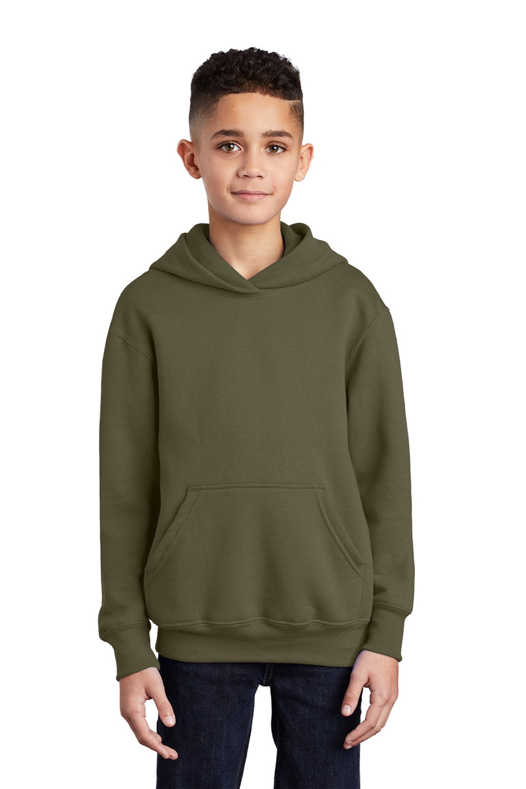 Port & Company PC90YH Youth Core Pill Resistant Fleece Hooded Sweatshirt Hoodie w/ Pouch Pocket Olive Drab Green Model Front