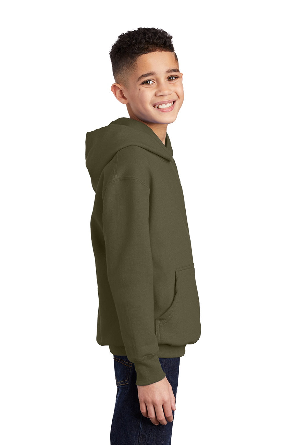 Port & Company PC90YH Youth Core Pill Resistant Fleece Hooded Sweatshirt Hoodie w/ Pouch Pocket Olive Drab Green Model Side