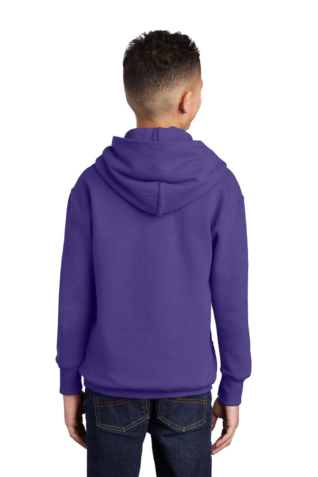 Port & Company PC90YH Youth Core Pill Resistant Fleece Hooded Sweatshirt Hoodie w/ Pouch Pocket Purple Model Back
