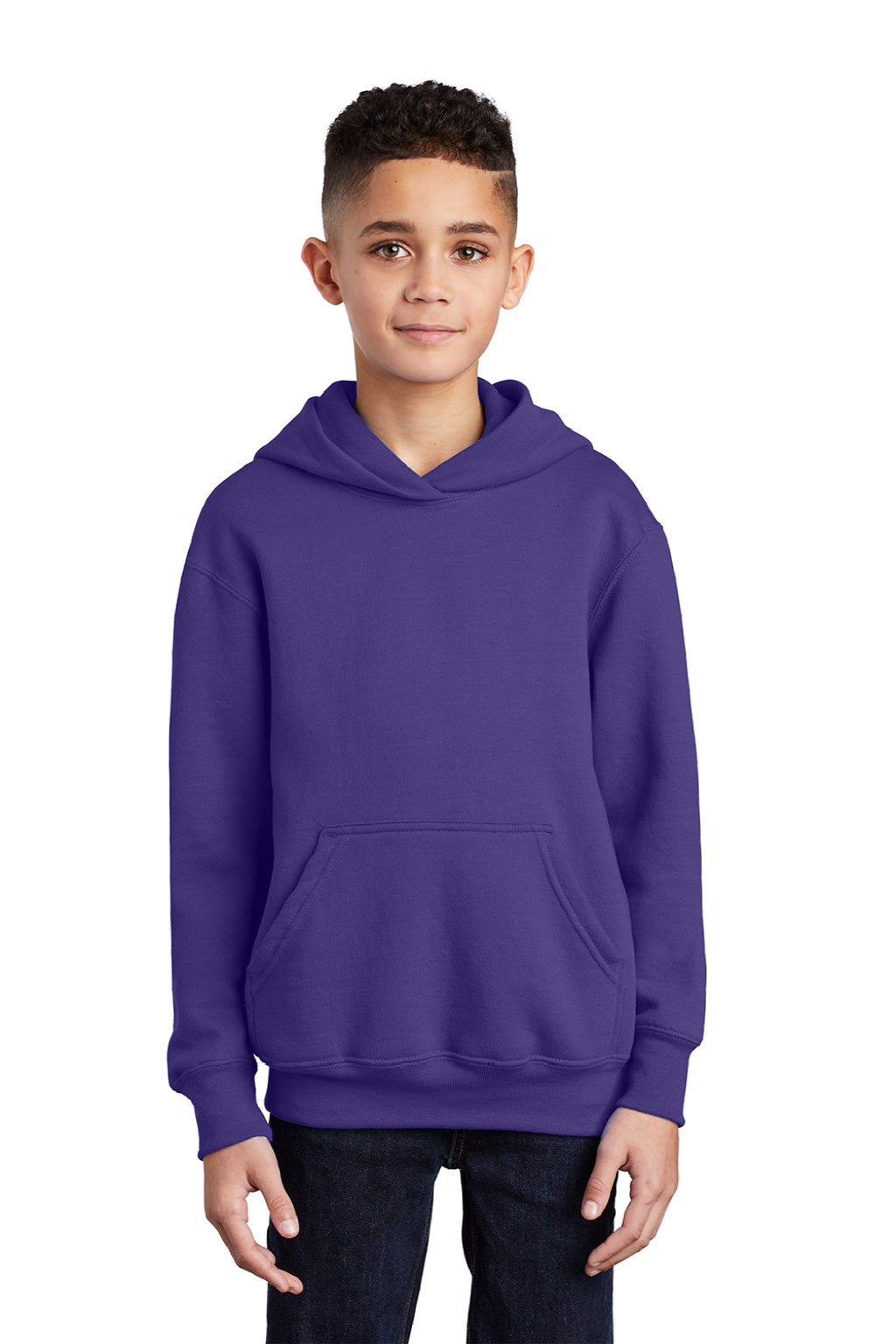 Port & Company PC90YH Youth Core Pill Resistant Fleece Hooded Sweatshirt Hoodie w/ Pouch Pocket Purple Model Front