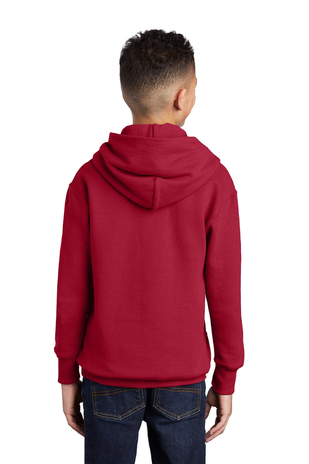 Port & Company PC90YH Youth Core Pill Resistant Fleece Hooded Sweatshirt Hoodie w/ Pouch Pocket Red Model Back