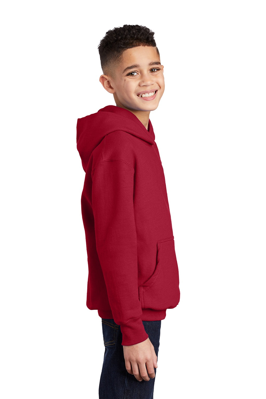 Port & Company PC90YH Youth Core Pill Resistant Fleece Hooded Sweatshirt Hoodie w/ Pouch Pocket Red Model Side