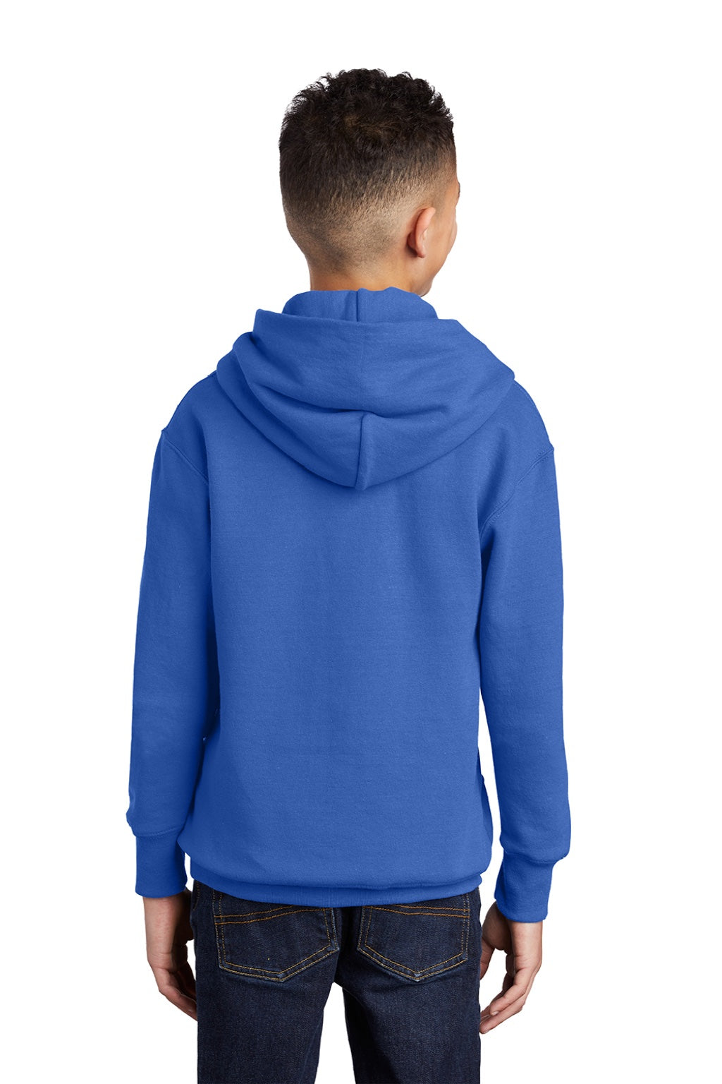 Port & Company PC90YH Youth Core Pill Resistant Fleece Hooded Sweatshirt Hoodie w/ Pouch Pocket Royal Blue Model Back