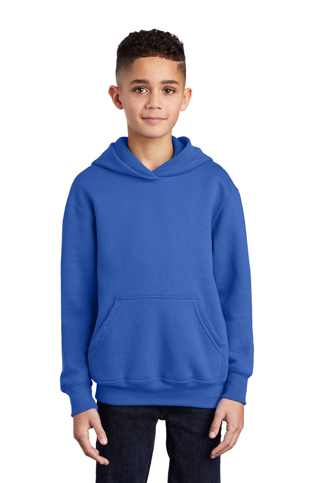 Port & Company PC90YH Youth Core Pill Resistant Fleece Hooded Sweatshirt Hoodie w/ Pouch Pocket Royal Blue Model Front
