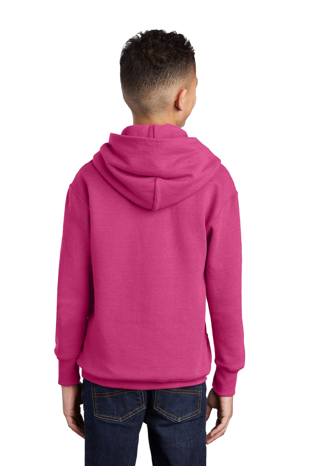 Port & Company PC90YH Youth Core Pill Resistant Fleece Hooded Sweatshirt Hoodie w/ Pouch Pocket Sangria Pink Model Back