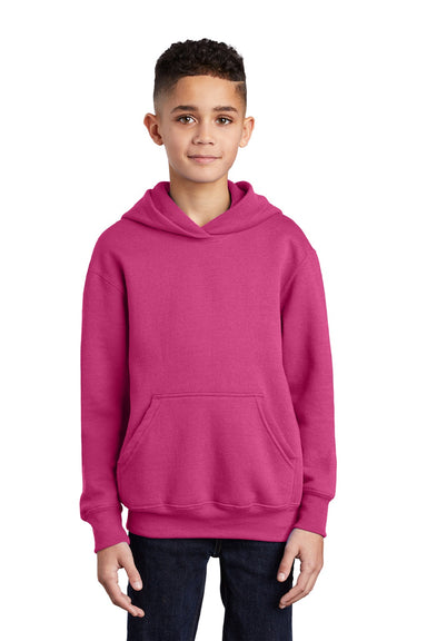 Port & Company PC90YH Youth Core Pill Resistant Fleece Hooded Sweatshirt Hoodie w/ Pouch Pocket Sangria Pink Model Front