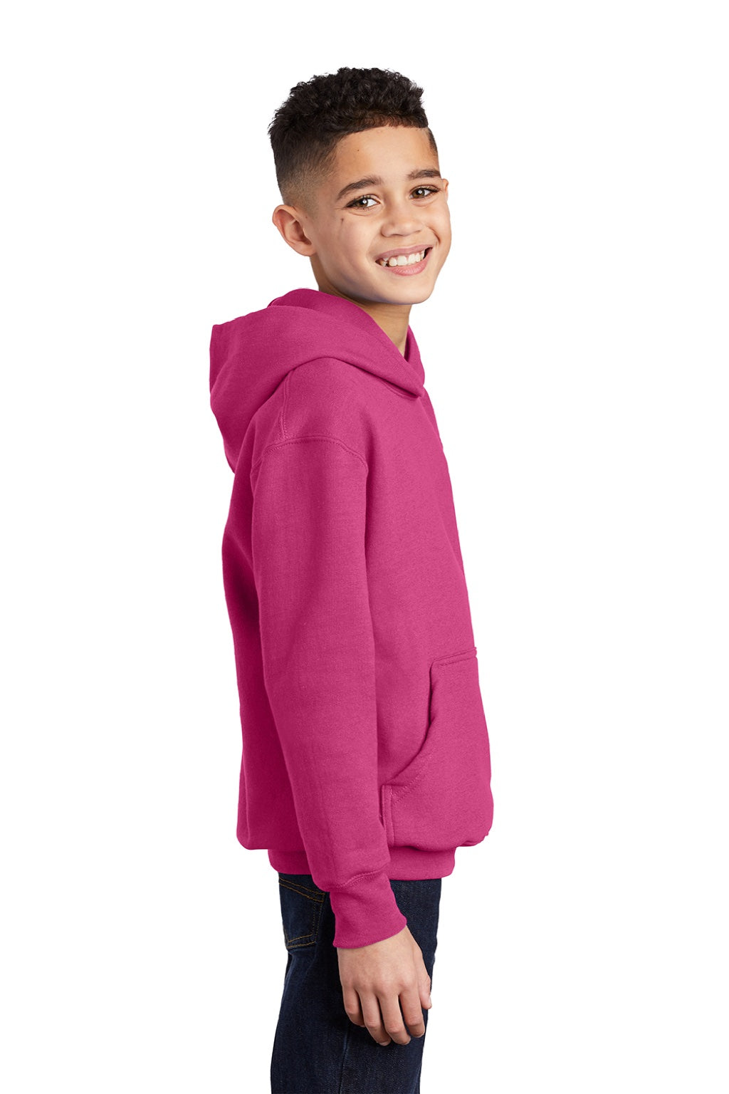 Port & Company PC90YH Youth Core Pill Resistant Fleece Hooded Sweatshirt Hoodie w/ Pouch Pocket Sangria Pink Model Side