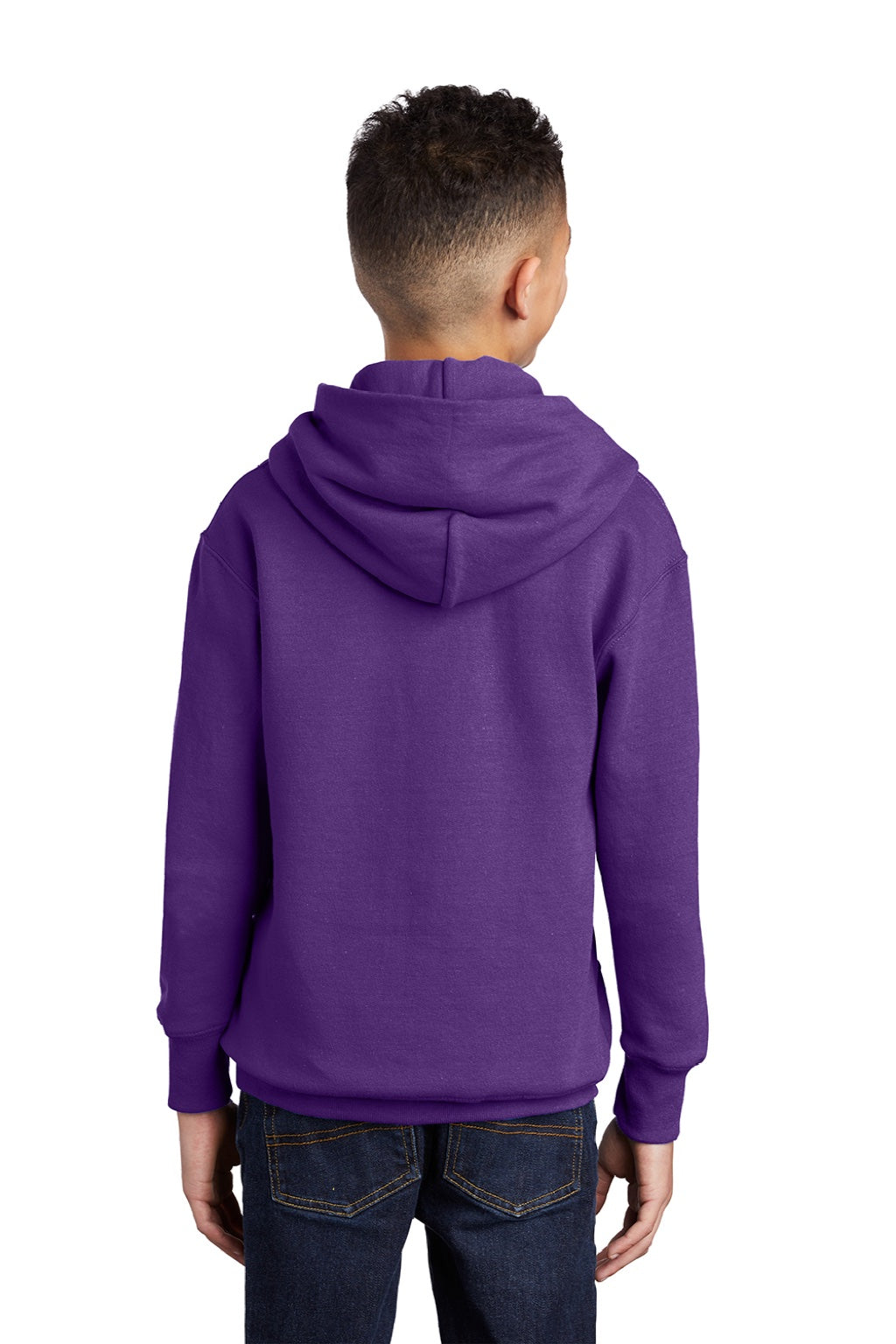 Port & Company PC90YH Youth Core Pill Resistant Fleece Hooded Sweatshirt Hoodie w/ Pouch Pocket Team Purple Model Back