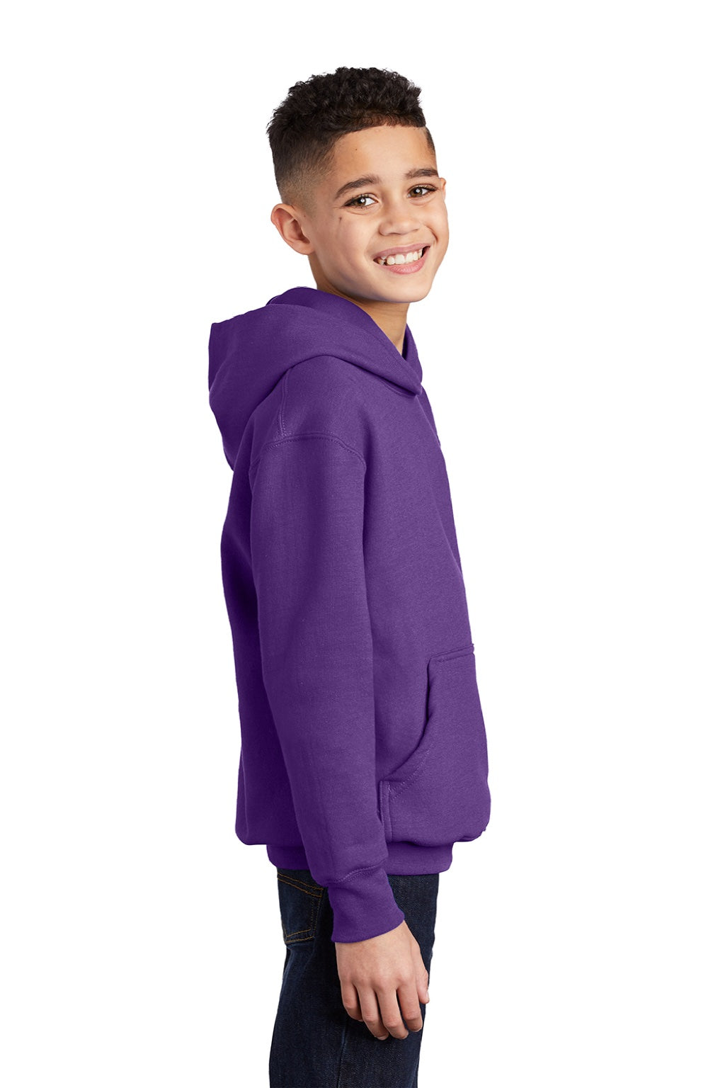 Port & Company PC90YH Youth Core Pill Resistant Fleece Hooded Sweatshirt Hoodie w/ Pouch Pocket Team Purple Model Side