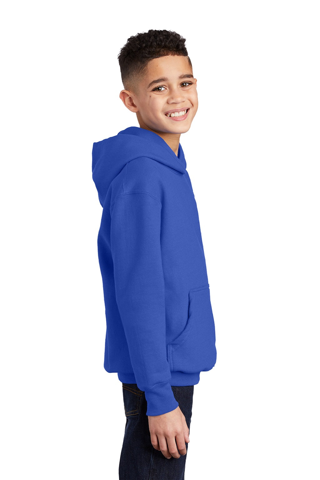 Port & Company PC90YH Youth Core Pill Resistant Fleece Hooded Sweatshirt Hoodie w/ Pouch Pocket True Royal Blue Model Side
