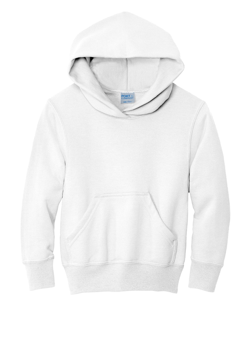 Port & Company PC90YH Youth Core Pill Resistant Fleece Hooded Sweatshirt Hoodie w/ Pouch Pocket White Flat Front