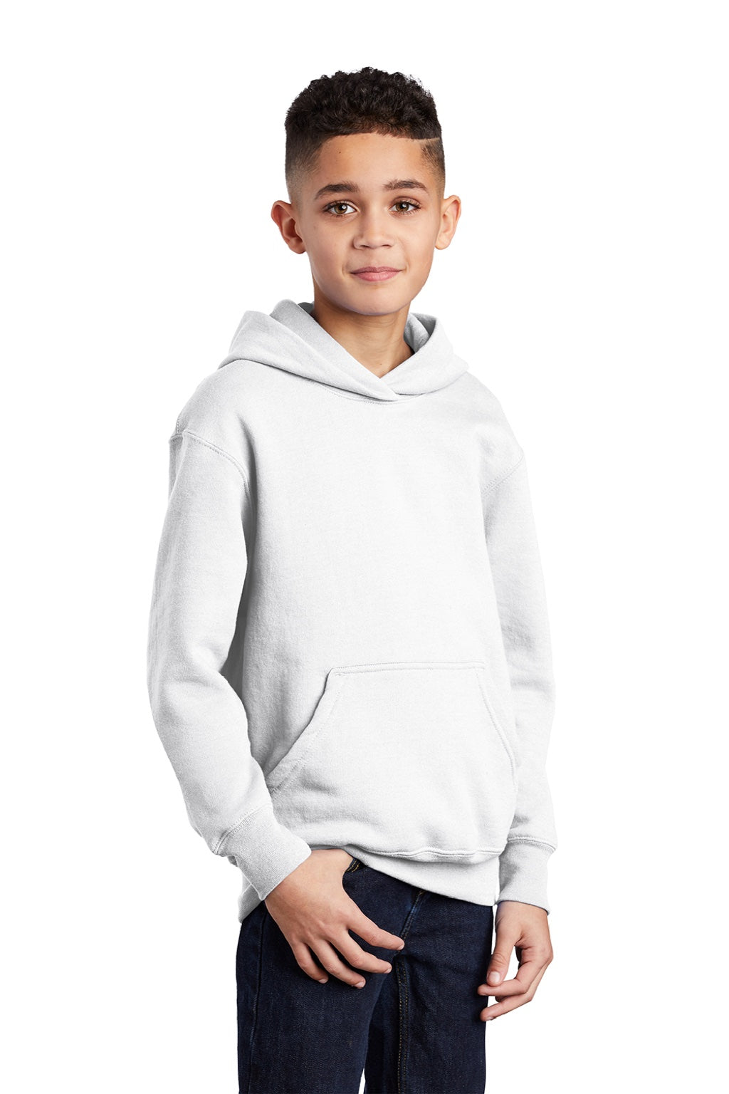 Port & Company PC90YH Youth Core Pill Resistant Fleece Hooded Sweatshirt Hoodie w/ Pouch Pocket White Model 3q