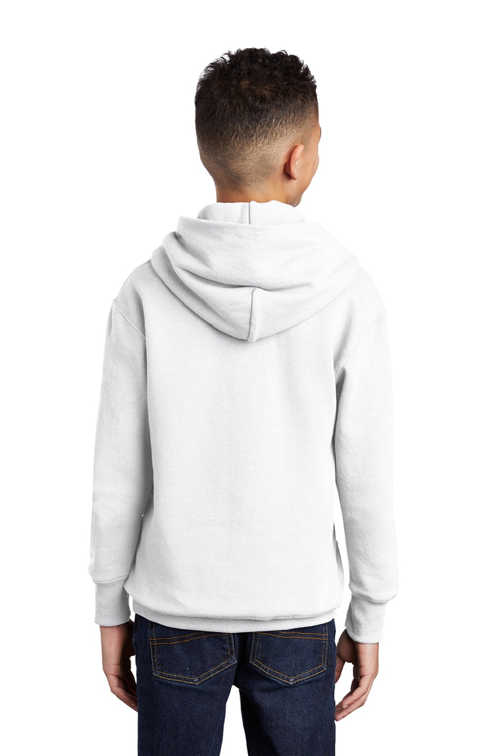 Port & Company PC90YH Youth Core Pill Resistant Fleece Hooded Sweatshirt Hoodie w/ Pouch Pocket White Model Back