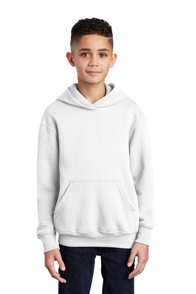 Port & Company PC90YH Youth Core Pill Resistant Fleece Hooded Sweatshirt Hoodie w/ Pouch Pocket White Model Front