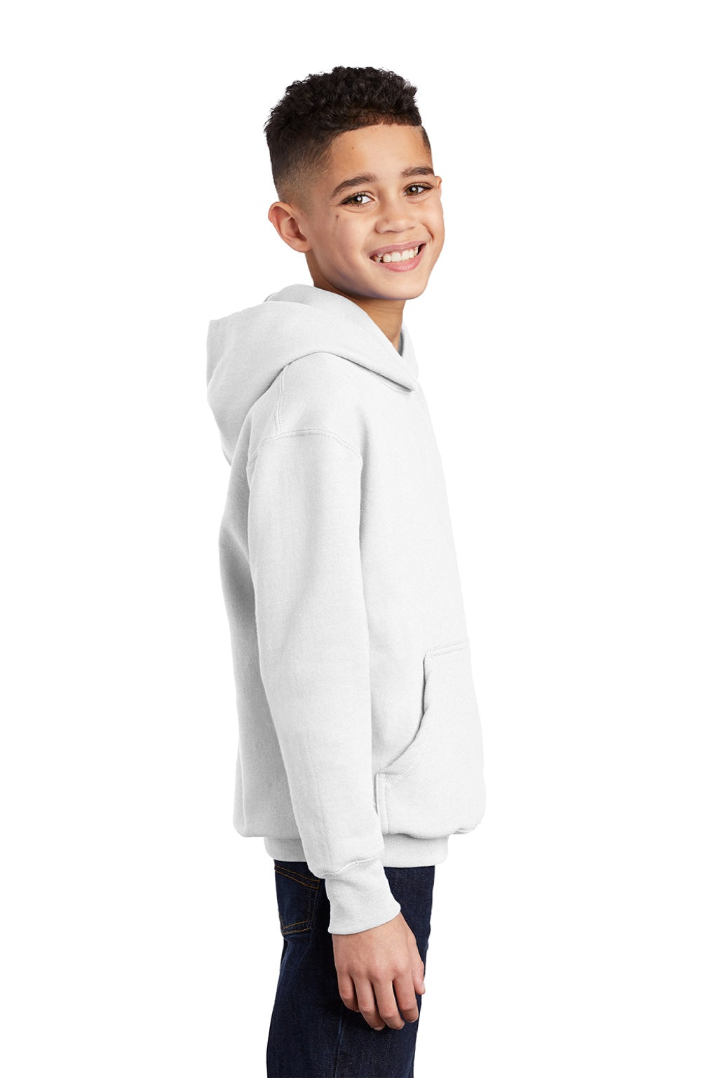 Port & Company PC90YH Youth Core Pill Resistant Fleece Hooded Sweatshirt Hoodie w/ Pouch Pocket White Model Side