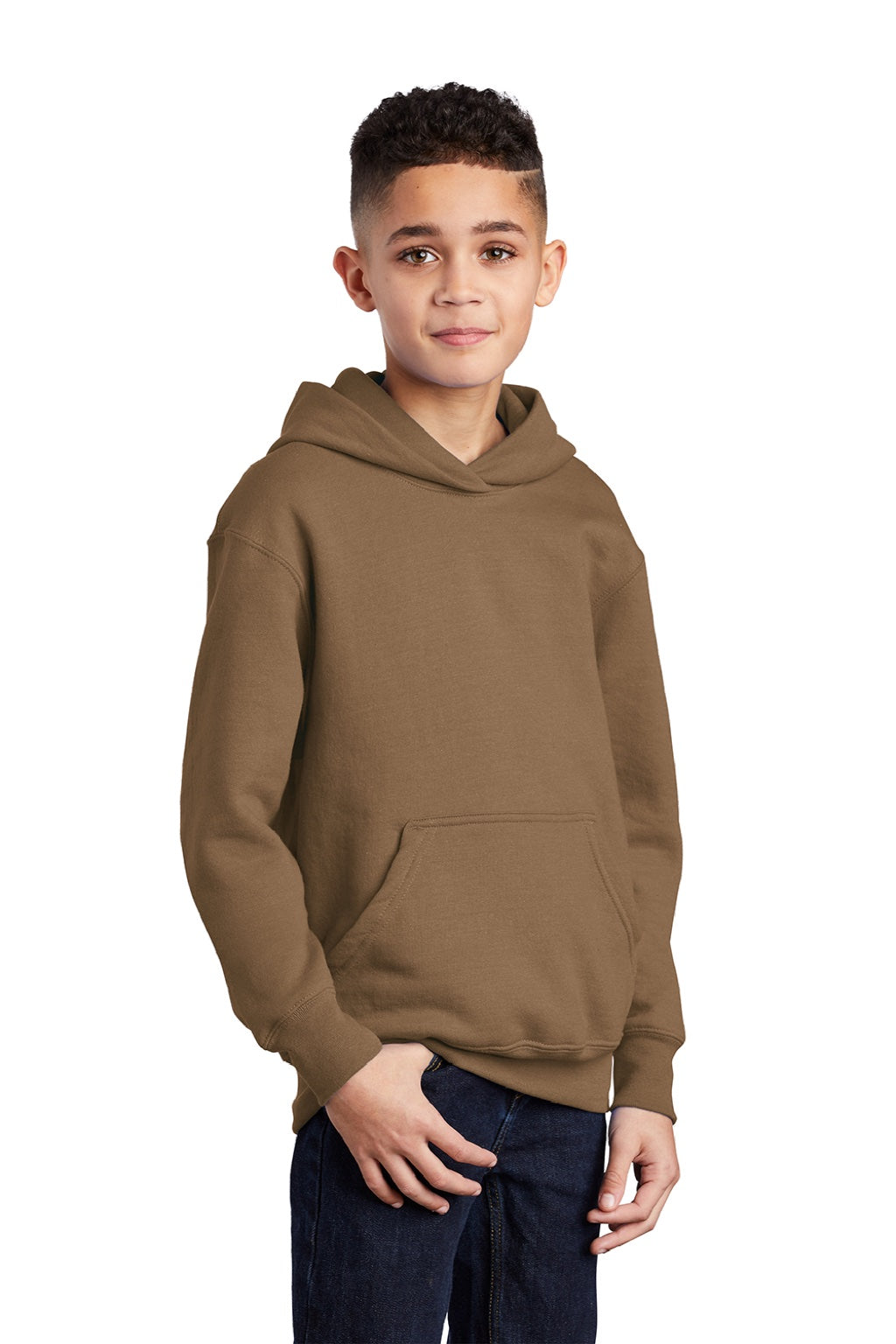 Port & Company PC90YH Youth Core Pill Resistant Fleece Hooded Sweatshirt Hoodie w/ Pouch Pocket Woodland Brown Model 3q
