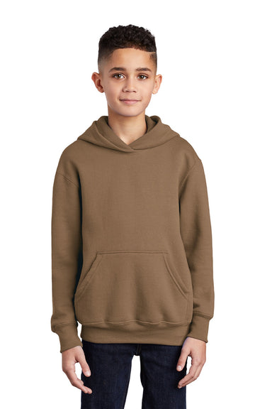 Port & Company PC90YH Youth Core Pill Resistant Fleece Hooded Sweatshirt Hoodie w/ Pouch Pocket Woodland Brown Model Front