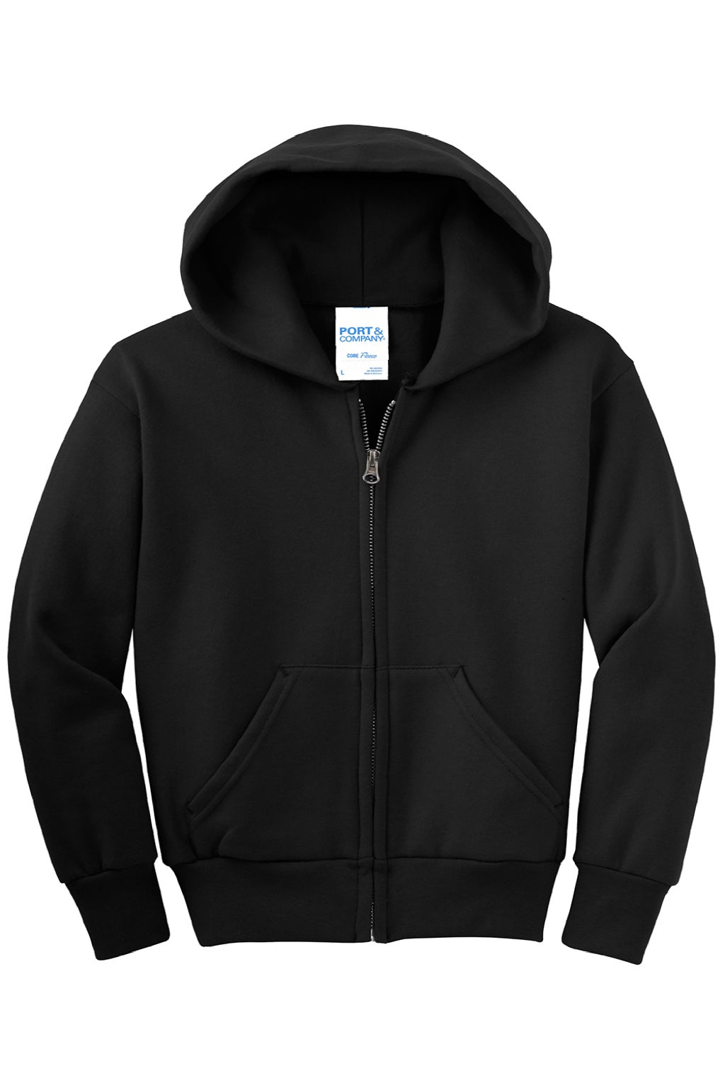 Port & Company PC90YZH Youth Core Pill Resistant Fleece Full Zip Hooded Sweatshirt Hoodie w/ Pockets Jet Black Flat Front