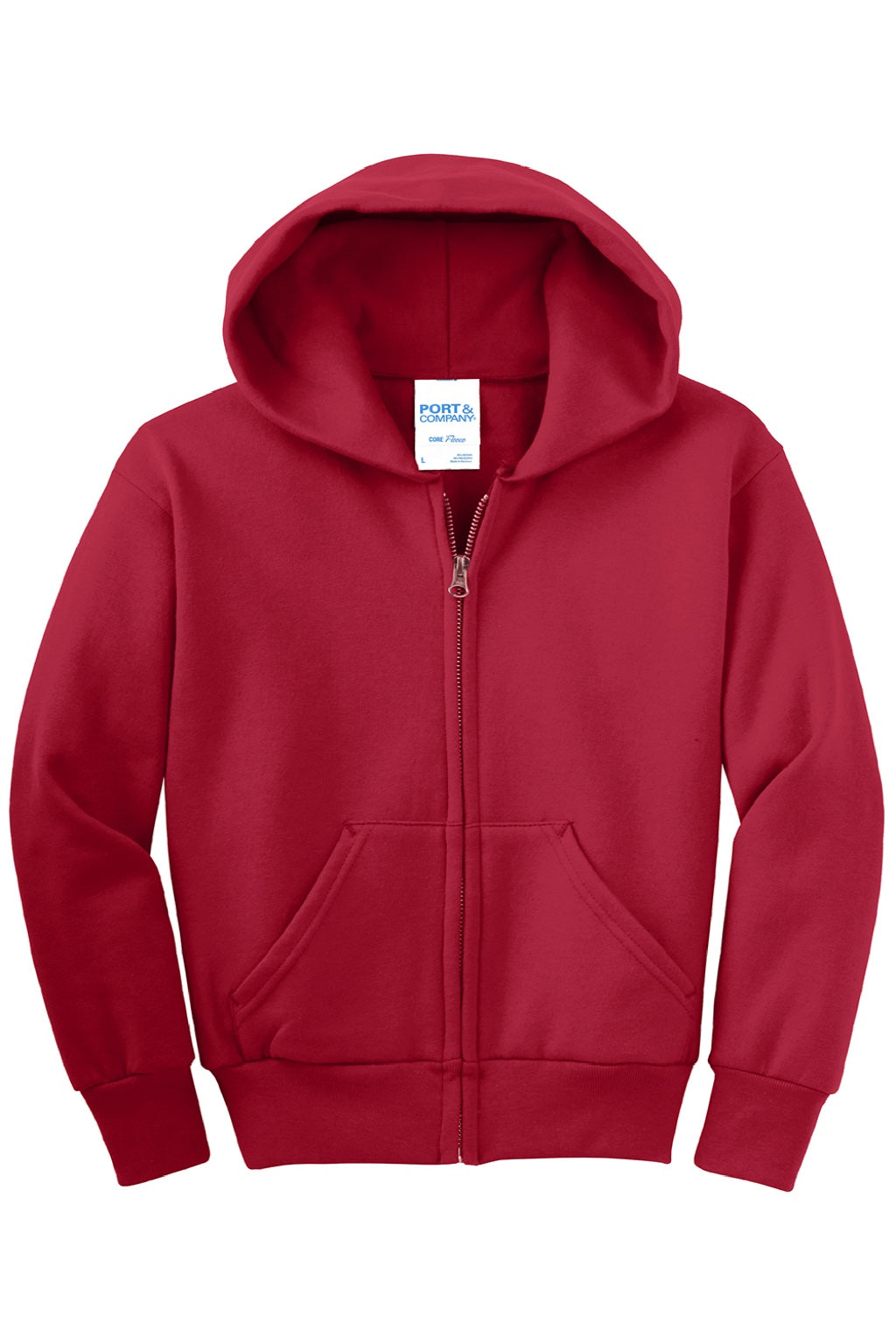 Port & Company PC90YZH Youth Core Pill Resistant Fleece Full Zip Hooded Sweatshirt Hoodie w/ Pockets Red Flat Front
