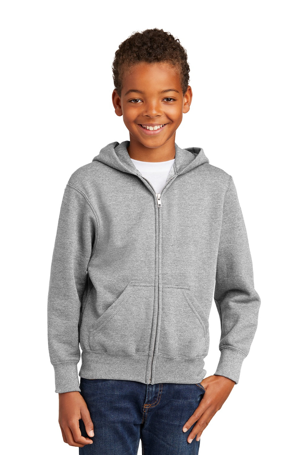 Port & Company PC90YZH Youth Core Pill Resistant Fleece Full Zip Hooded Sweatshirt Hoodie w/ Pockets Ash Grey Model Front