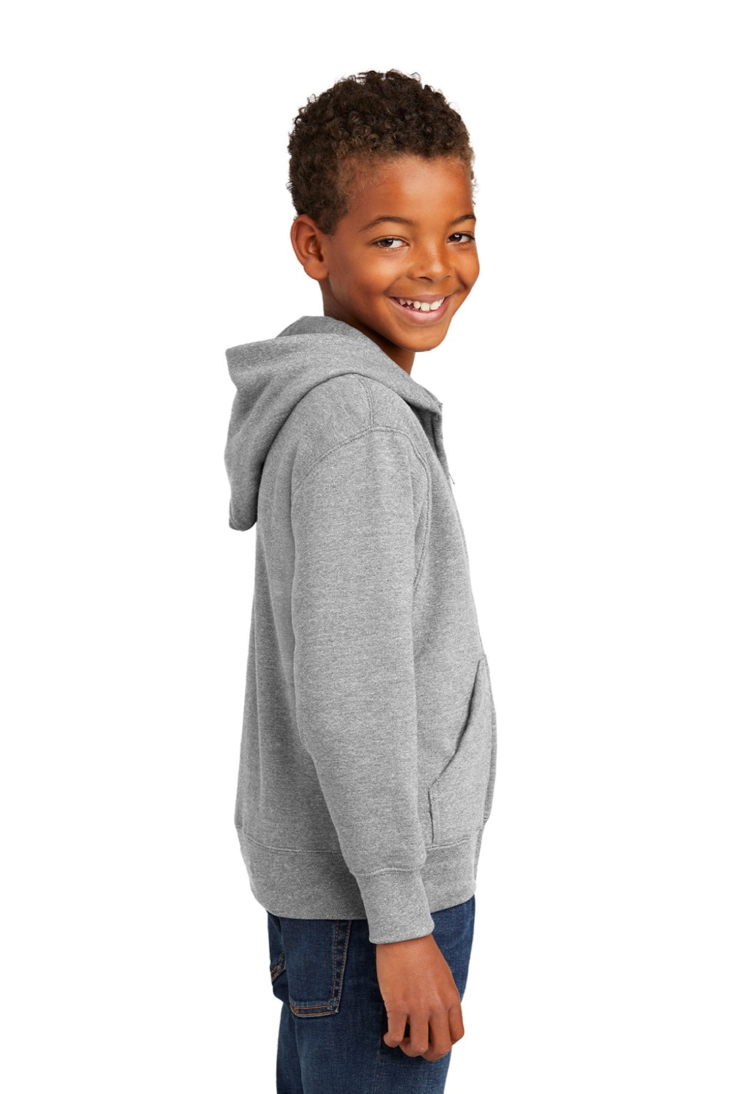 Port & Company PC90YZH Youth Core Pill Resistant Fleece Full Zip Hooded Sweatshirt Hoodie w/ Pockets Ash Grey Model Side