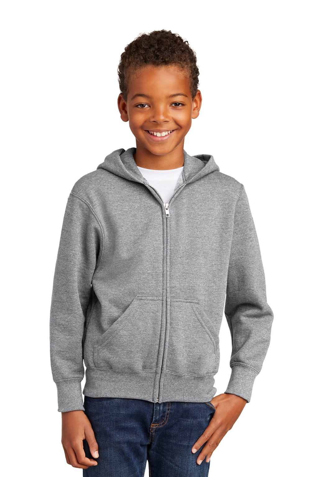 Port & Company PC90YZH Youth Core Pill Resistant Fleece Full Zip Hooded Sweatshirt Hoodie w/ Pockets Heather Grey Model Front