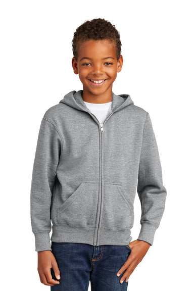 Port & Company PC90YZH Youth Core Pill Resistant Fleece Full Zip Hooded Sweatshirt Hoodie w/ Pockets Heather Grey Model Front