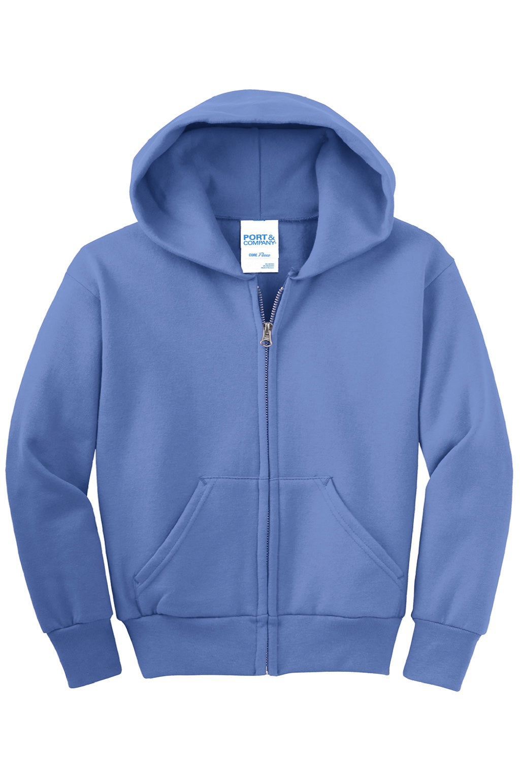 Port & Company PC90YZH Youth Core Pill Resistant Fleece Full Zip Hooded Sweatshirt Hoodie w/ Pockets Carolina Blue Flat Front
